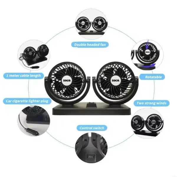 Car Fan Dual Head 4-Inch – 360° Rotating Cooling Fan with Low Noise & 100% Copper Motor | 12V/24V Cigarette Lighter Plug – Universal for Cars, SUVs & Trucks - Image 2