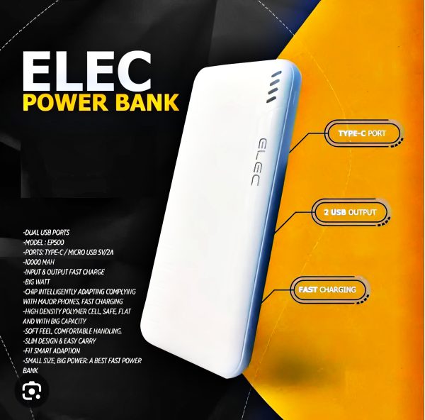 ELEC 10,000 mAh Fast-Charge Power Bank – Dual Type-A + Type-C Output │ Sleek White Portable Charger - Image 2