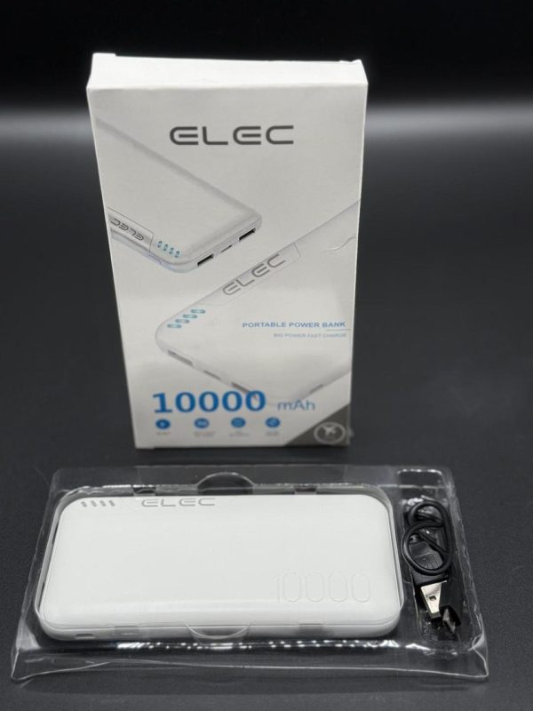 ELEC 10,000 mAh Fast-Charge Power Bank – Dual Type-A + Type-C Output │ Sleek White Portable Charger