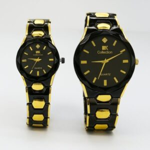 Elegant Couple Watch Set | Luxury Black & Gold Quartz Wristwatches for Him & Her | Dual-Tone Stainless Steel Strap