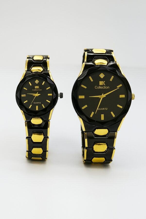 Elegant Couple Watch Set | Luxury Black & Gold Quartz Wristwatches for Him & Her | Dual-Tone Stainless Steel Strap