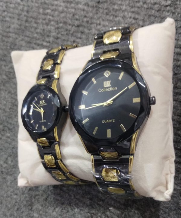 Elegant Couple Watch Set | Luxury Black & Gold Quartz Wristwatches for Him & Her | Dual-Tone Stainless Steel Strap - Image 3