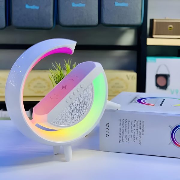 G-Shaped RGB Table Lamp with Bluetooth Speaker, FM Radio & 15W Fast Wireless Charger – BT2301 - Image 3