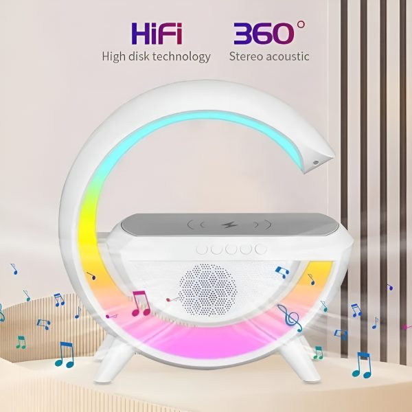 G-Shaped RGB Table Lamp with Bluetooth Speaker, FM Radio & 15W Fast Wireless Charger – BT2301 - Image 4