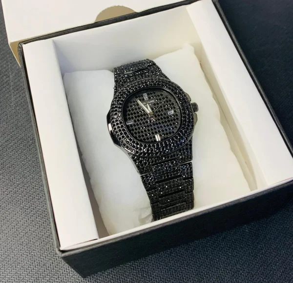 Luxury Black Iced Out Stainless Steel Men’s Watch | Full Stone Design | Butterfly Lock | Date Function - Image 2