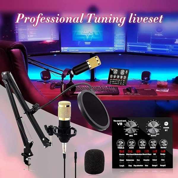 Podcast Microphone Kit with Live Sound Card – Professional USB Condenser Mic with 12 Background Effects for Karaoke, YouTube, Streaming & Recording - Image 4